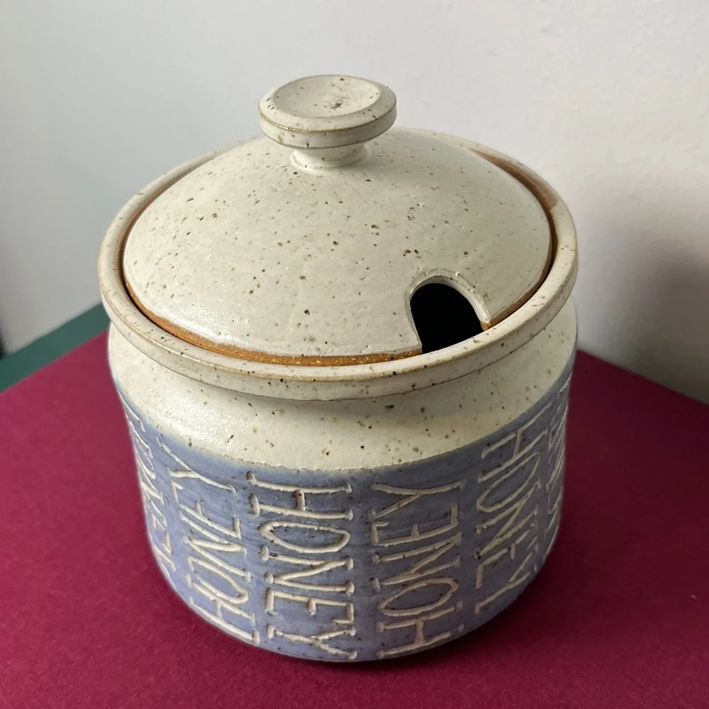 Maple Shadows Pottery Speckled Gray & Blue Large HONEY pot Farmhouse Country Vtg